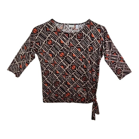 Chicos Brown Orange Ethnic Print Dolman 3/4 Sleeve Side Knot Knit Top Sz 1 - Picture 2 of 6